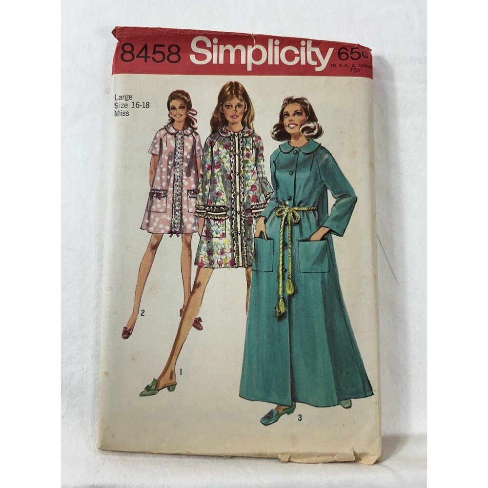 VTG SIMPLICITY SEWING PATTERN-#8458-SZ 16-18 MISSES' BATHROBE-THREE LENGTHS-CUT